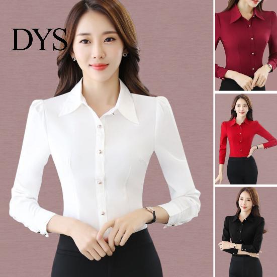 Office Shirt Commute Women Slim Fit Single-breasted Dignified Enhance Beauty Image Top Polyester Solid Color Long Sleeve Formal for Workplace