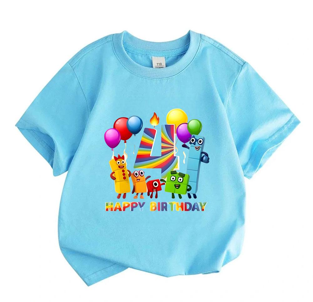 Kids Boys Girls 100% Cotton Crew Neck Short Sleeve T-Shirt Happy 4th Birthday Colorful Number Blocks Cartoon Print Casual Soft Breathable Party Tee To