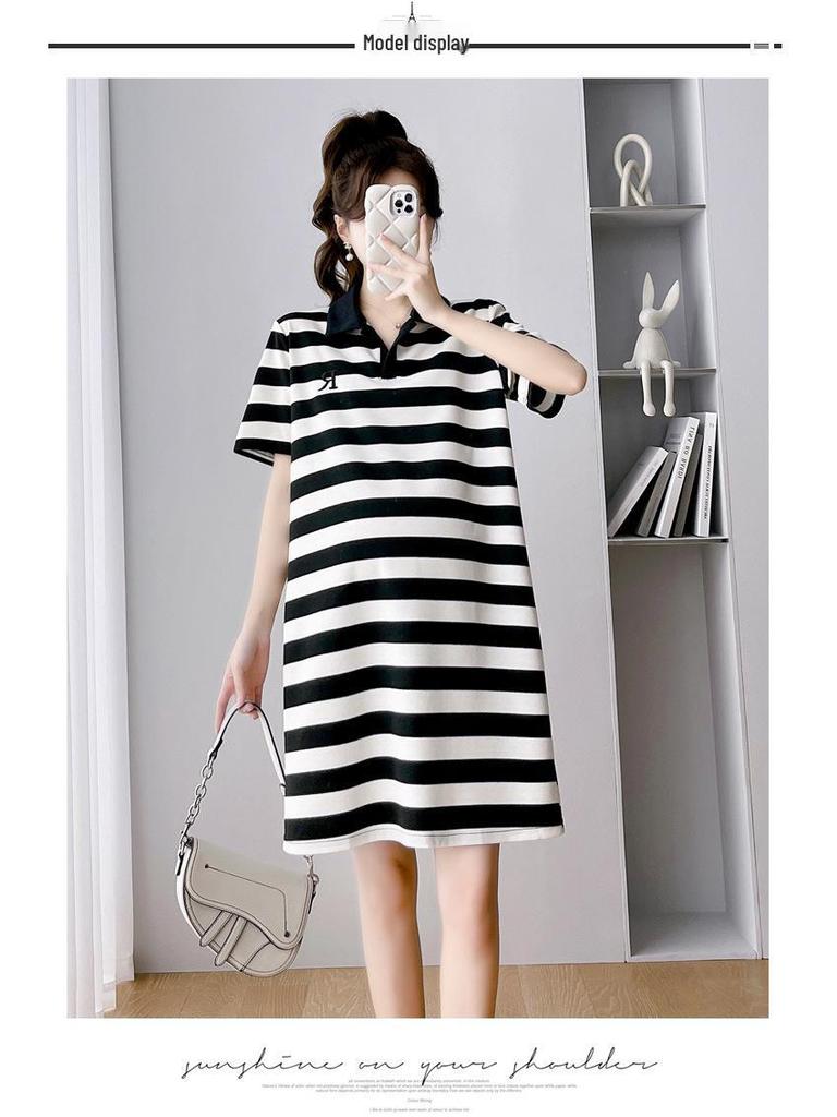Fairy Striped Polo Maternity Summer Dress - Loose, Retro-Style for Comfort and Elegance