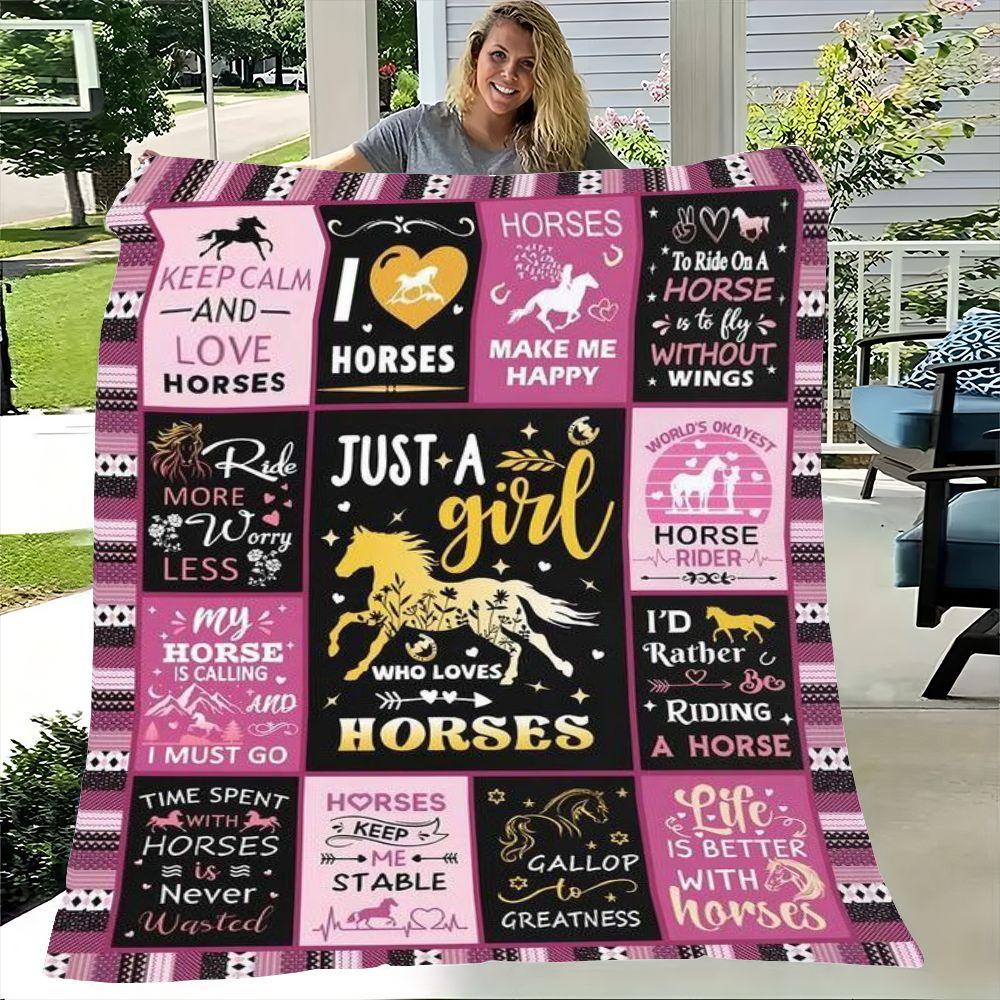 Just A Girl Who Loves Horses Inspirational Horse Theme Blanket - Cozy and Soft Throw Blanket Featuring Equine Quotes and Designs