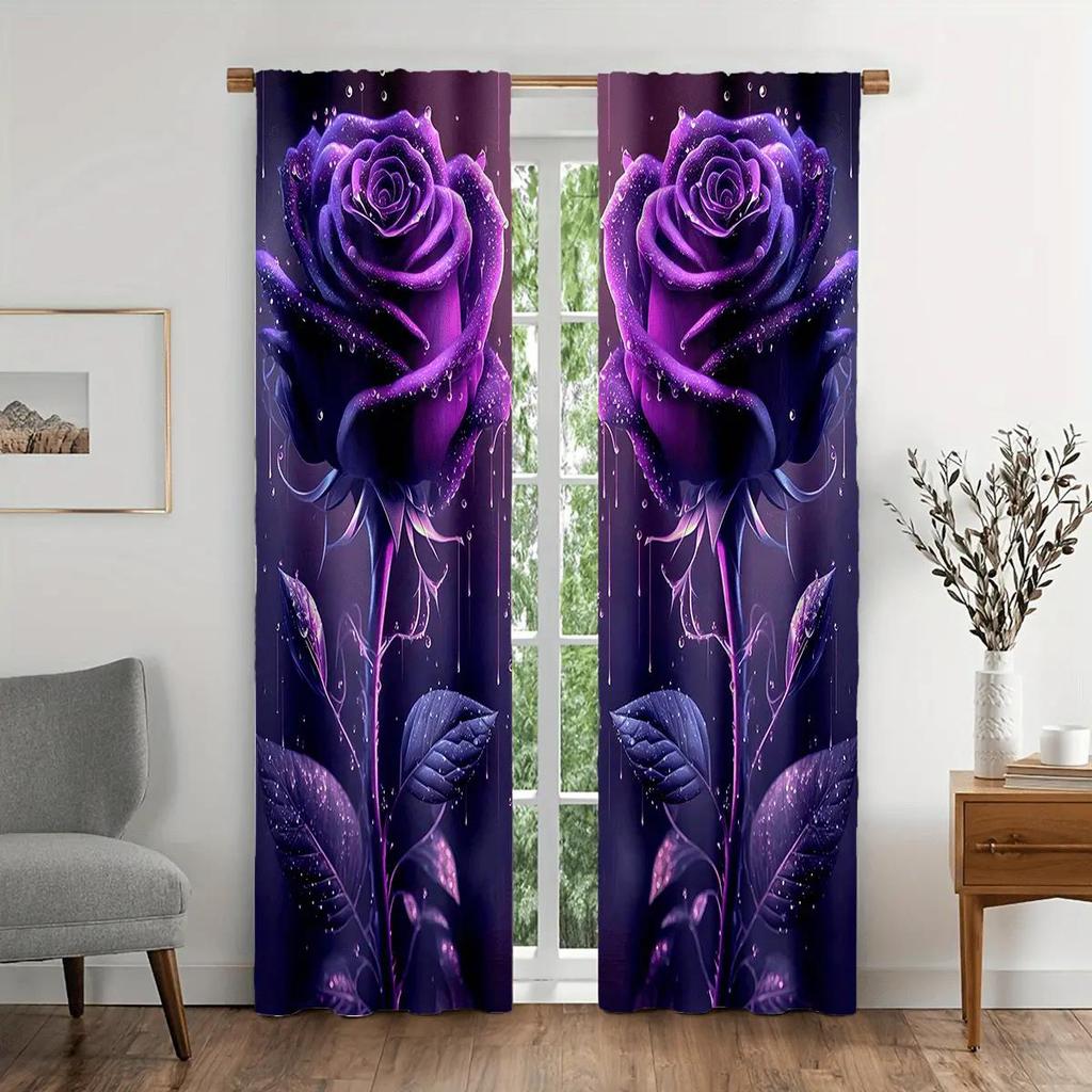 Elegant Purple Rose Pattern Printed Curtains, Pole Bag Bedroom and Living Room, Home Decoration, Room Decoration