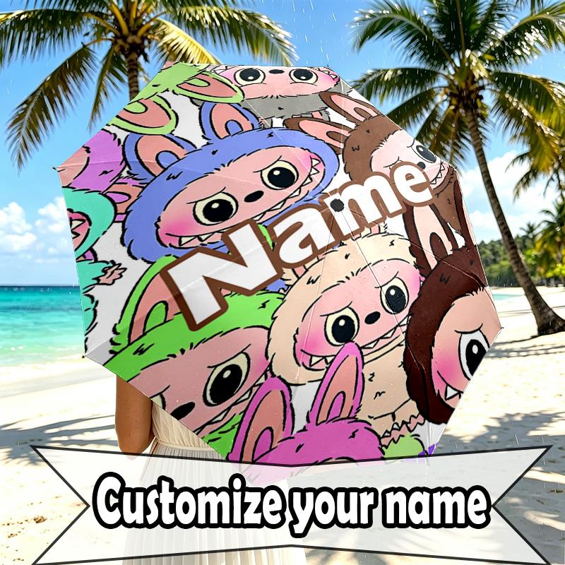 Custom Name Personalized Labubu Print Umbrella, Auto Open Close, 8‑Rib Sturdy Frame, Commute Camping Hiking Use, Birthday Gift