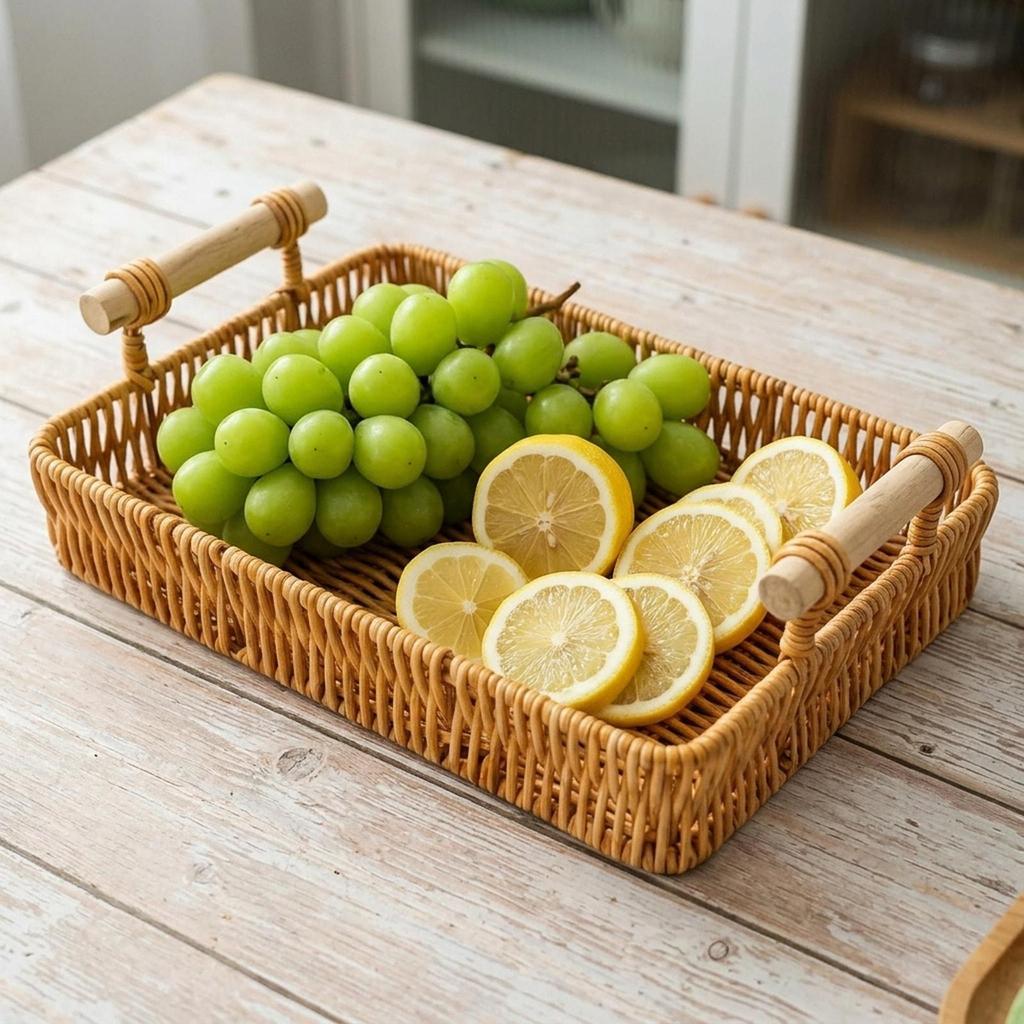 Cesta de Armazenamento com Bandeja Trançada Porta Frutas e Vegetais Organizador de Bancada para Cosméticos Bebidas Frutas Café da Manhã Organização Doméstica