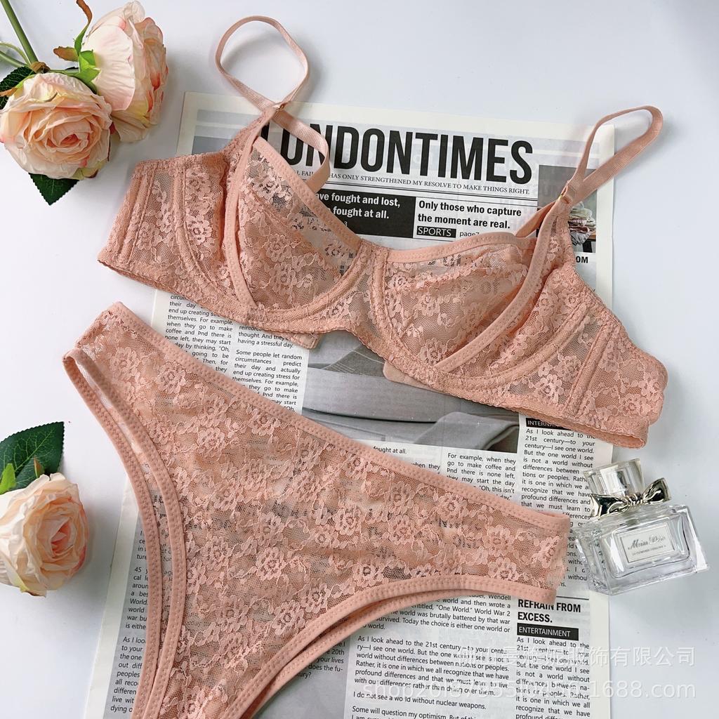 Sexy Sex Underwear Women's French Thin Transparent Lace Underwear Big Chest Small Anti-sagging Bra Set