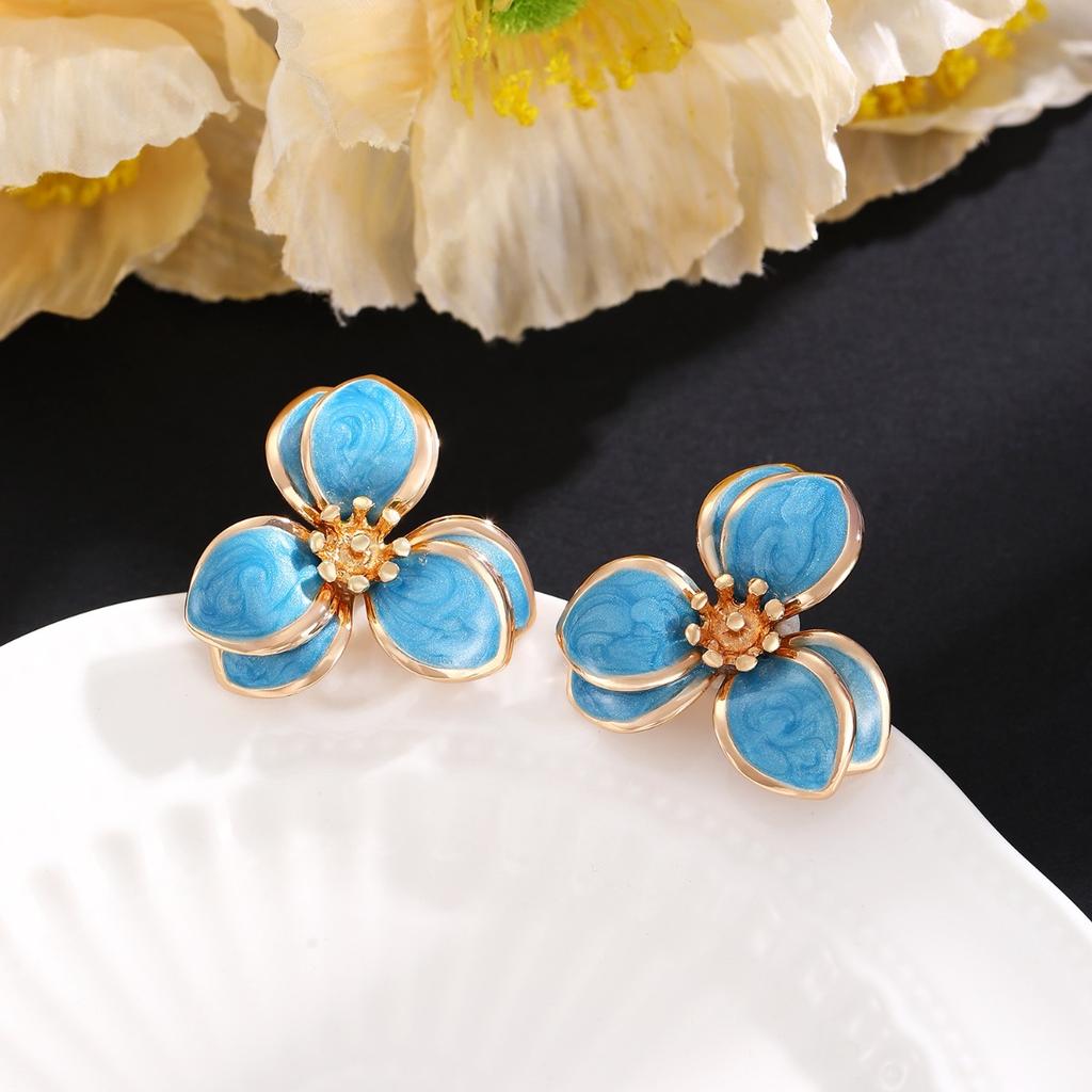 Layered Pink Enamel Flower Stud Earrings Gold Tone Trim Floral Earrings for Women