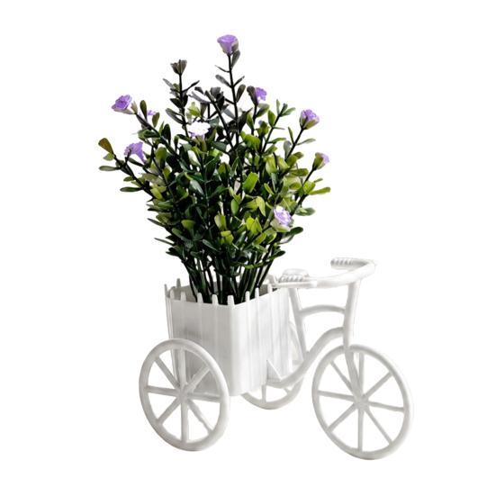 Fake Gypsophila Plant, Rustic Style Pink/Purple Flower Three-Wheel Cart Figurine, Simulated Small Flowers Desktop Home Decor Display Ornament