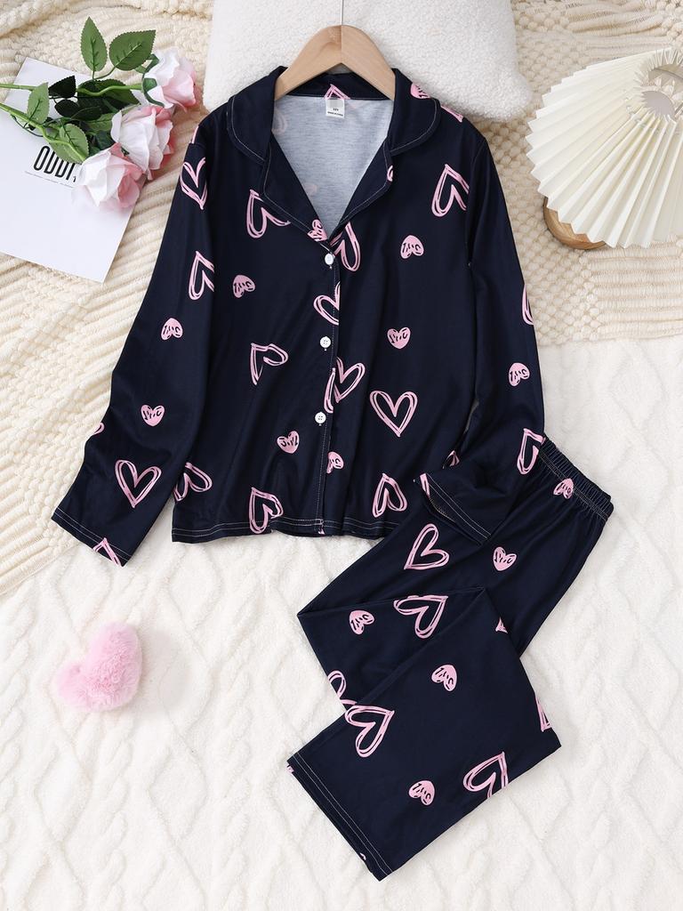Tween Girl Casual Cute Heart Letter Printed Flame Resistant Long Sleeve Cardigan Pants Comfortable Loungewear Set Black And Pink Autumn