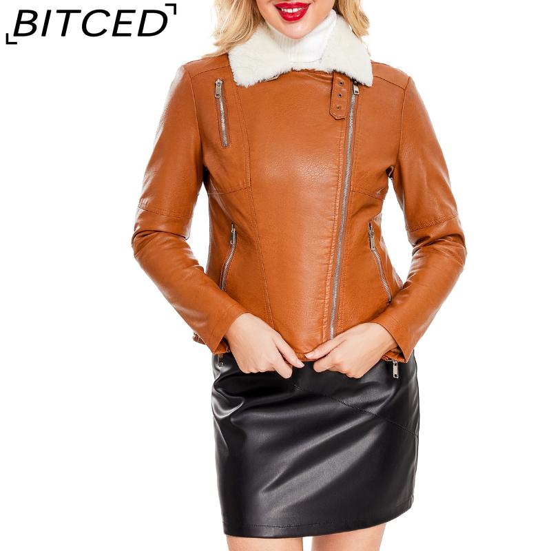 BITCED Autumn/Winter Faux Fur-Lined Leather Jacket for Women with Fleece Lining, Long Sleeves, Warm Coat, Casual Style
