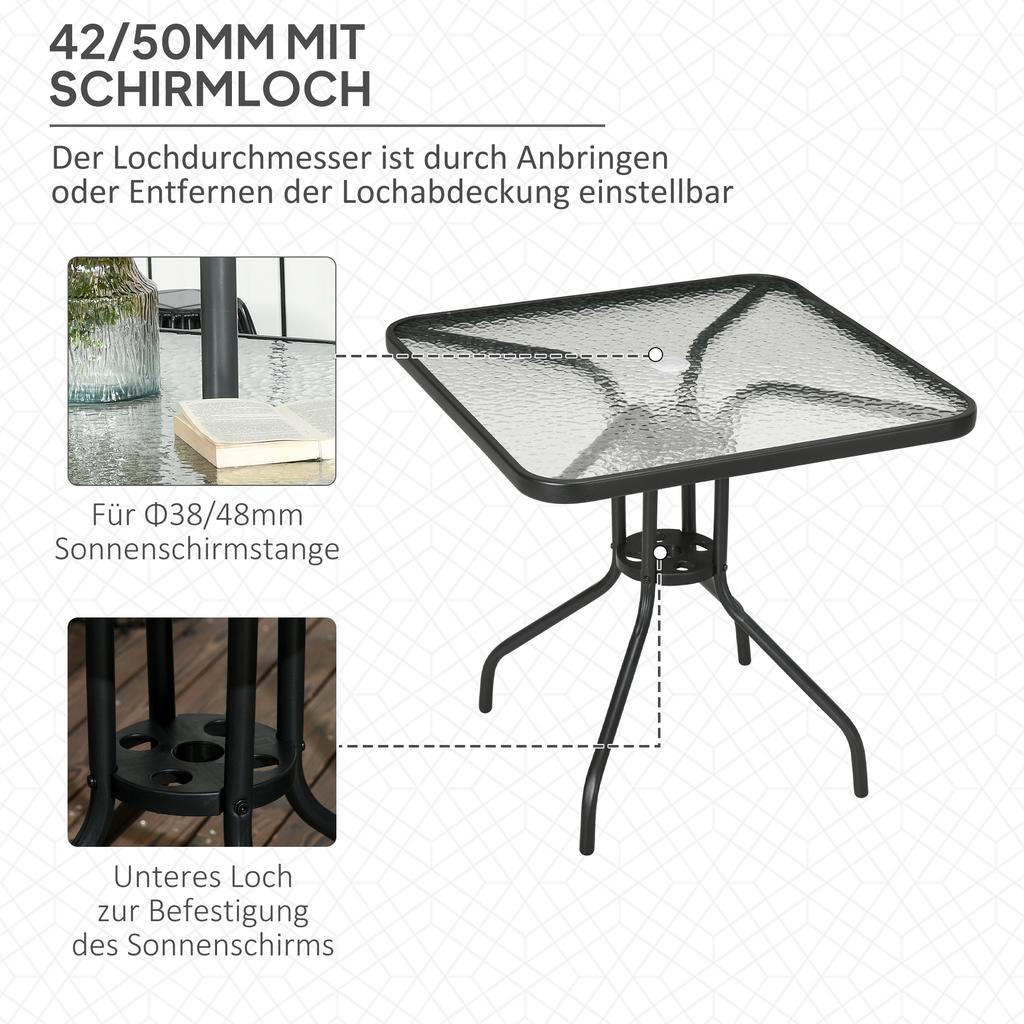Square Garden Dining Table with Tempered Glass Top & Umbrella Hole, 76 X 76 Cm
