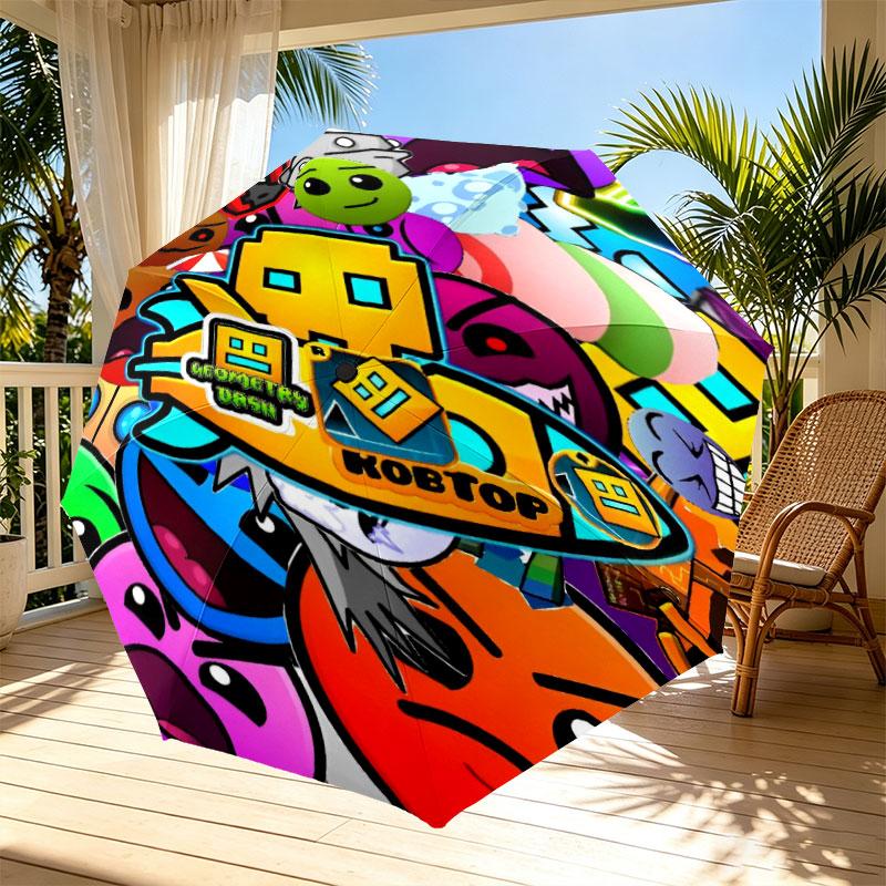 Geometry Dash Print Automatic Open Close Umbrella, Portable Foldable Umbrella, for Outdoor Commute Camping Trip, Ideal Birthday Gift