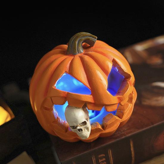 Sculptură Dovleac de Halloween cu Lumină Figurină Dovleac Înfricoșător cu Craniu Ornament de Masă din Rășină pentru Decor Acasă Birou