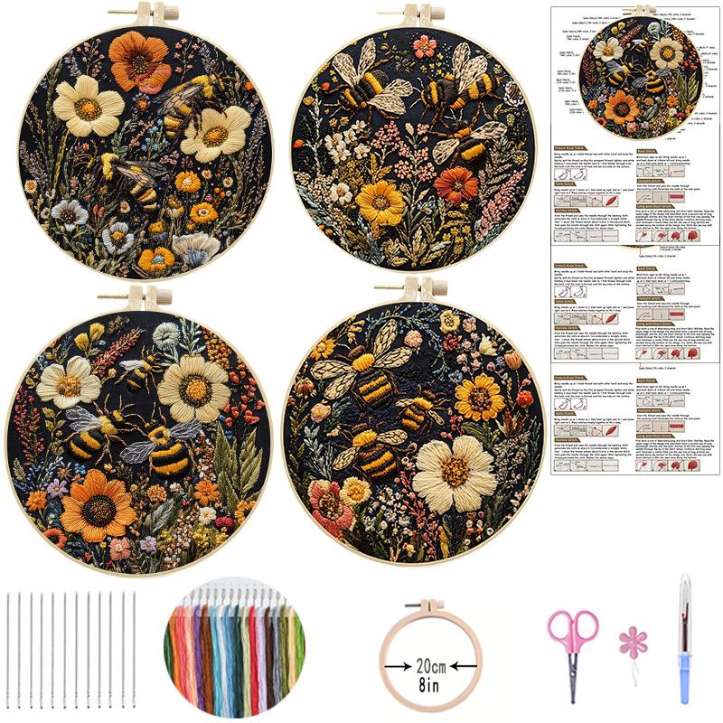1set Bee and Flower Cross-Stitch Embroidery Kit, Easy Style for Beginners, Includes Illustrated Tutorial and Tools, DIY Embroidery Craft Kit