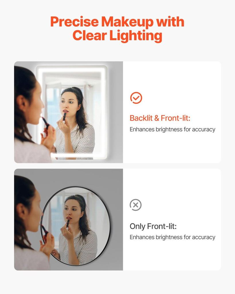 LED Bathroom Mirror 3 Colors Anti-fog Wall Mounted Vanity Mirror 60 x 80cm