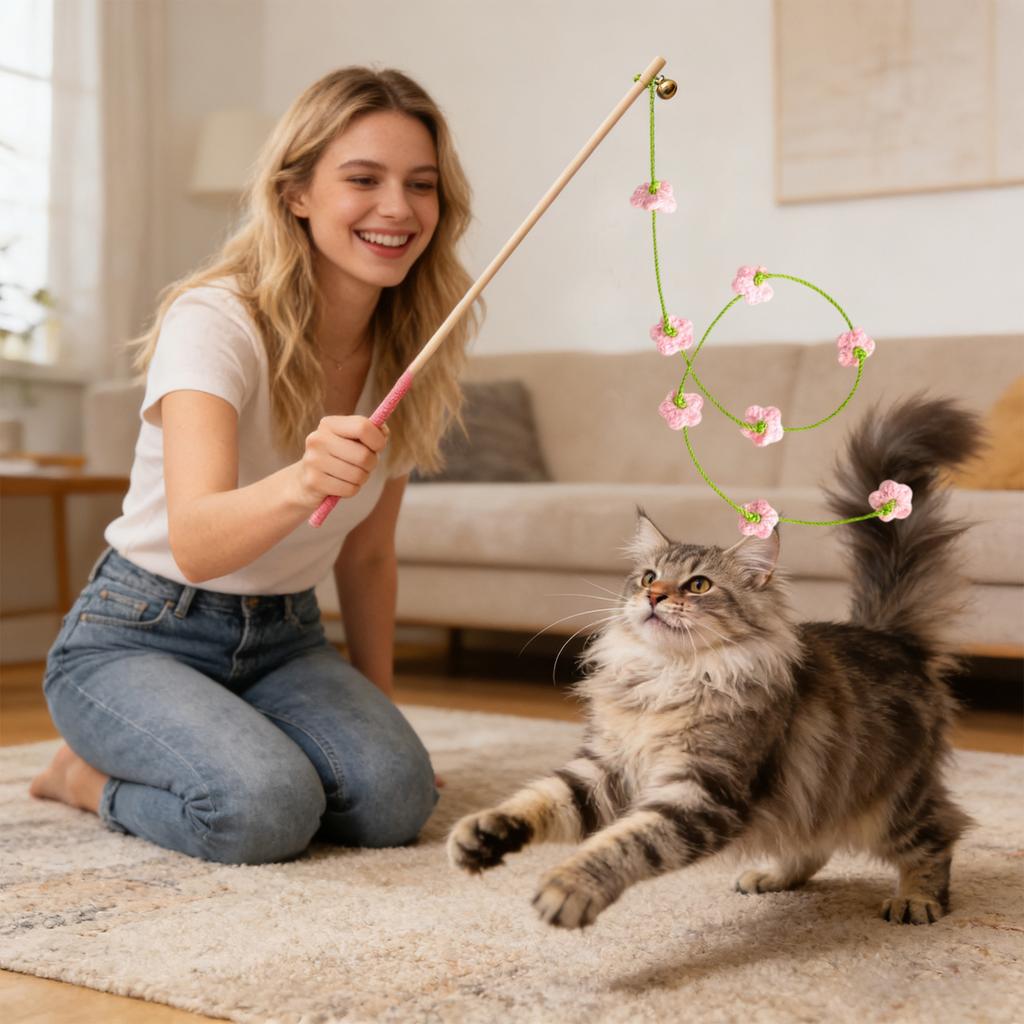 Long Wooden Handle Cats Teaser Wand With Bell - Interactive Chew-Resistant Cats Toy For Kittens & Adult Cats