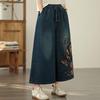 Plus Size Thin Vintage Embroidery Animal Floral High Waist Casual Loose Women Summer Jeans Denim Wide Leg Pants