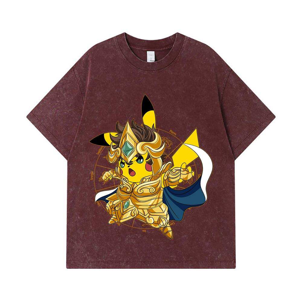 275 GSM Gewaschene T-Shirts 100% Baumwolle Pokemon V25 Pikachu Leo Print Unisex Schweres Baumwoll-T-Shirt