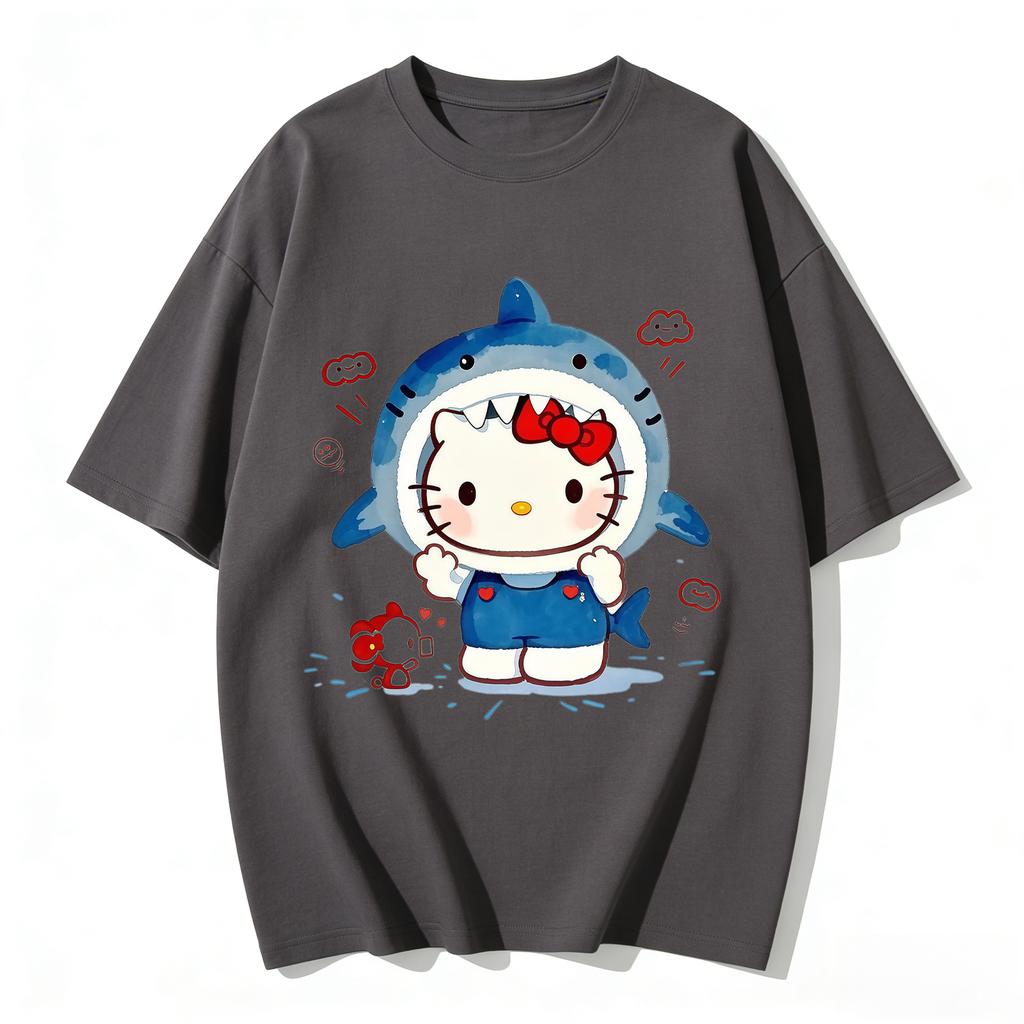 2026 New Arrival Kawaii Hello Kitty Shark Print Couple T Shirts Casual Family Matching Outfits Parentchild Tees Tops Summer Y2k