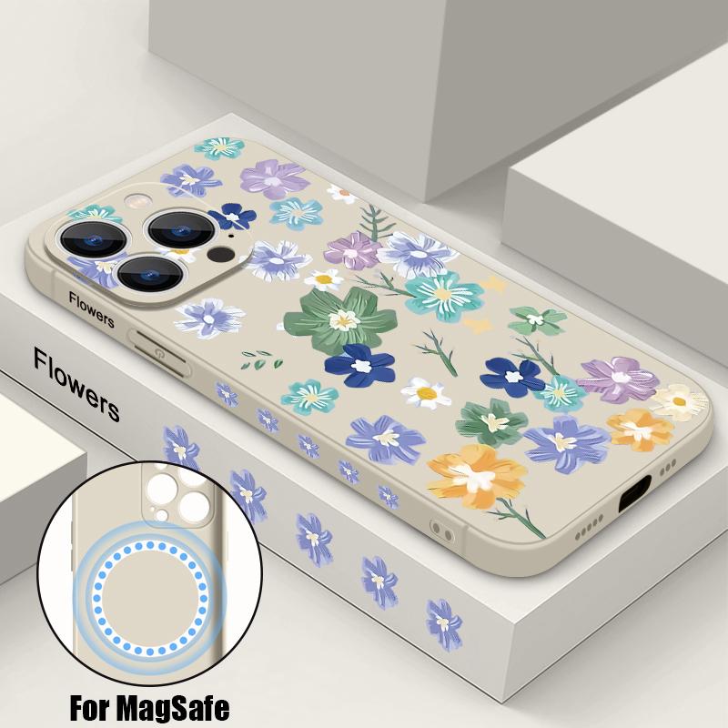 

Flowers Print Magnetic Case For iPhone Air 16e 17 16 15 14 13 12 Pro Max 11 For Magsafe Wireless Charge Silicone Soft TPU Cover For iPhone 16
