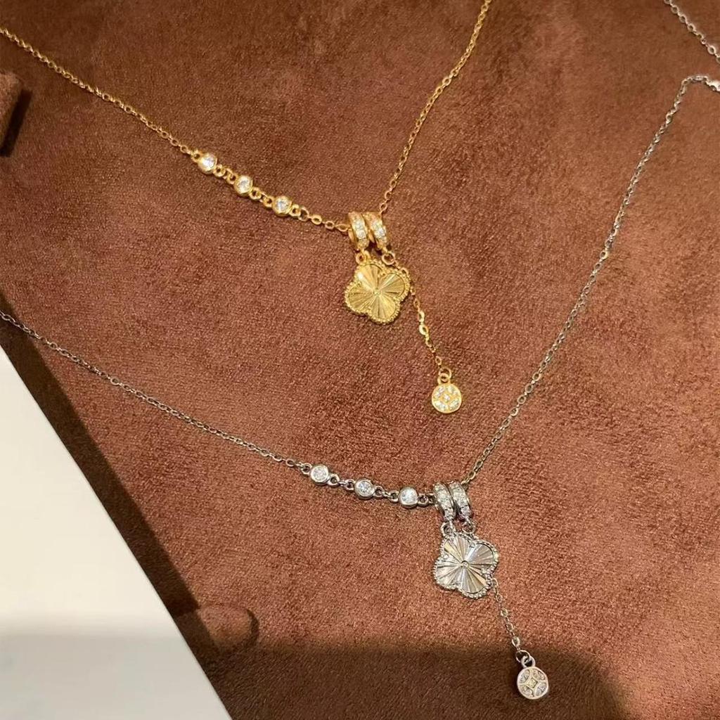 Nickel Silver-Plated Gold Lucky Clover Coin Tassel Necklace