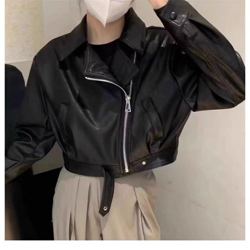 Autumn Winter Street Style Loose Casual Polo-neck PU Leather Zipper Jacket Women Y2K Hipster Cardigan Top Coat