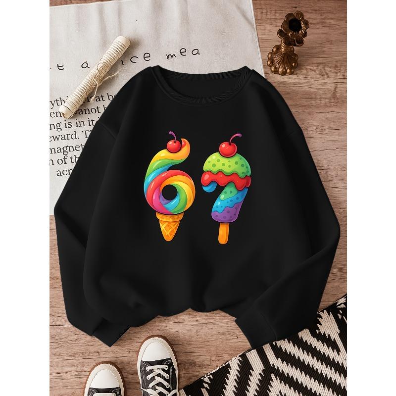 Birthday Kids Sweatshirt Over 4Y Unisex Boys Girls Rainbow Ice Cream Popsicle Number 67 Graphic Black Crewneck Soft Fleece Pullover For 4-12 Children