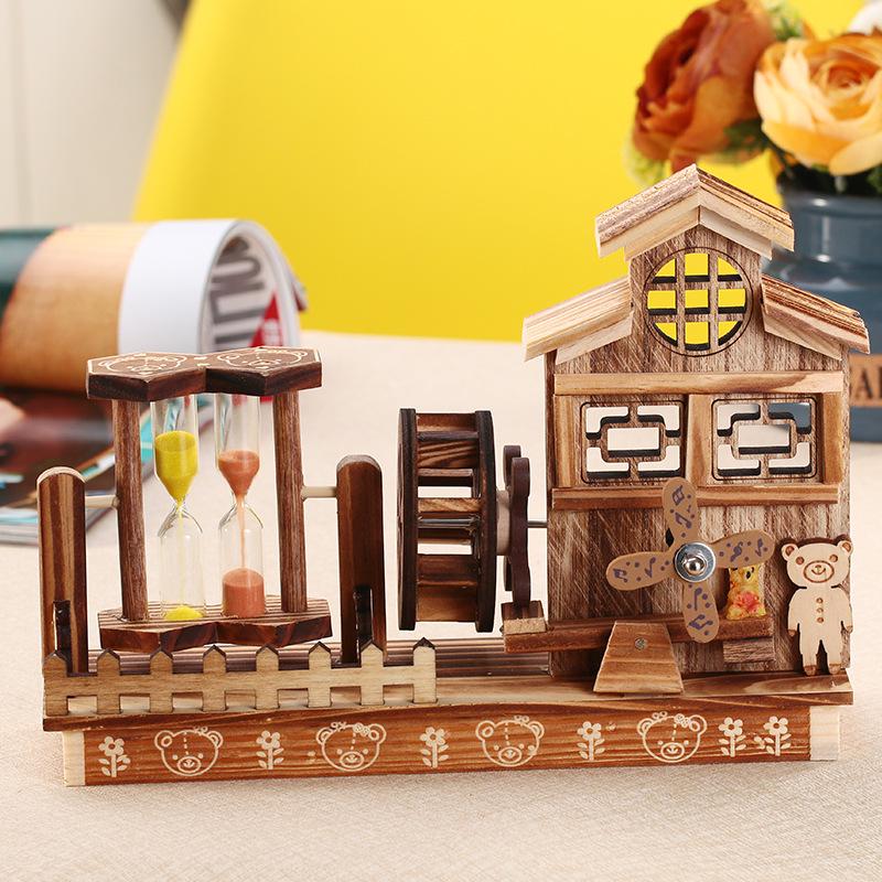 Cabin Windmill Sailboat Rotating Music Box Creative Wooden Pen Holder Student Birthday Gift