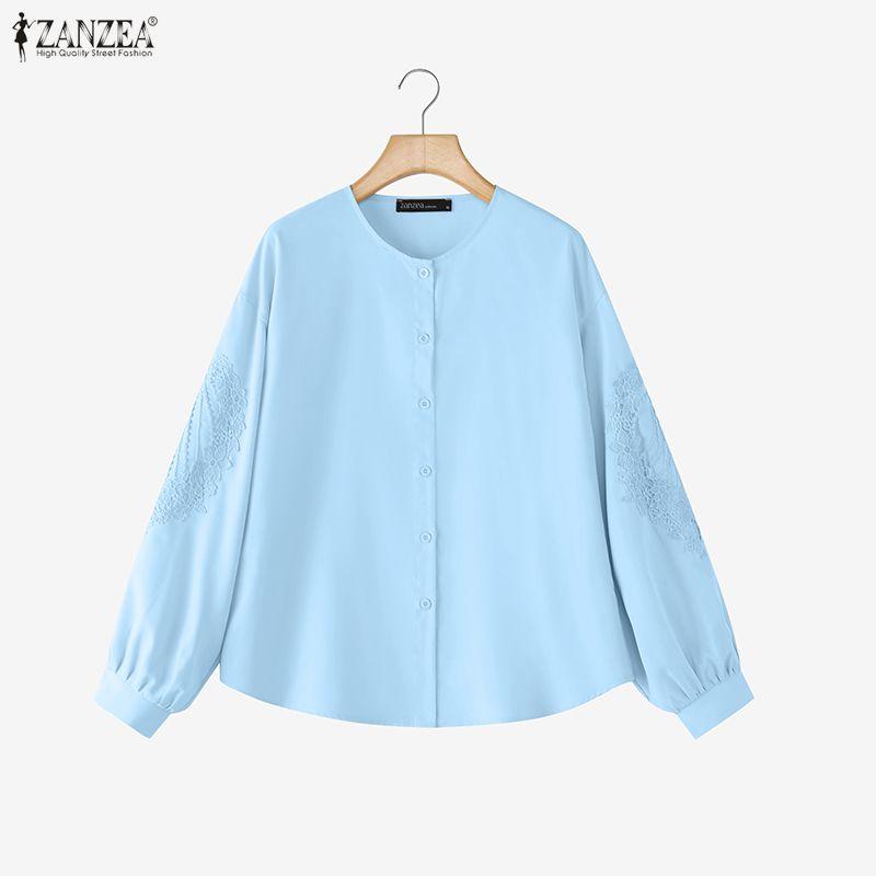 ZANZEA Camicetta casual da donna a maniche lunghe con scollo rotondo e tinta unita