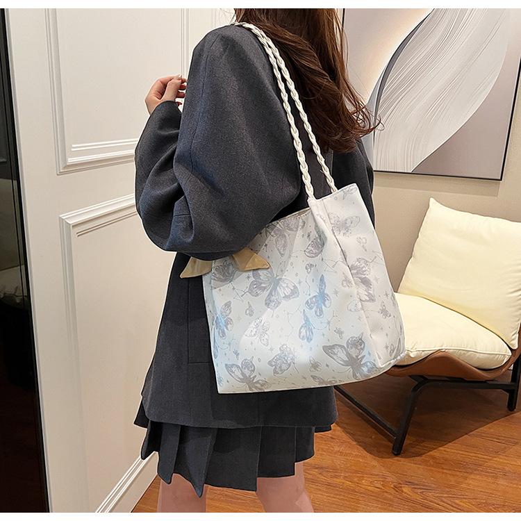 Chic Butterfly Print Faux Leather Tote Bag for Women, Woven Texture Shoulder Underarm Bag, Casual Daily Commute Handbag