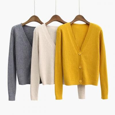 Loose and Versatile V-neck Knitted Cardigan Autumn Sweater with Temperament Long-sleeved High-waisted Short Jacket Tide