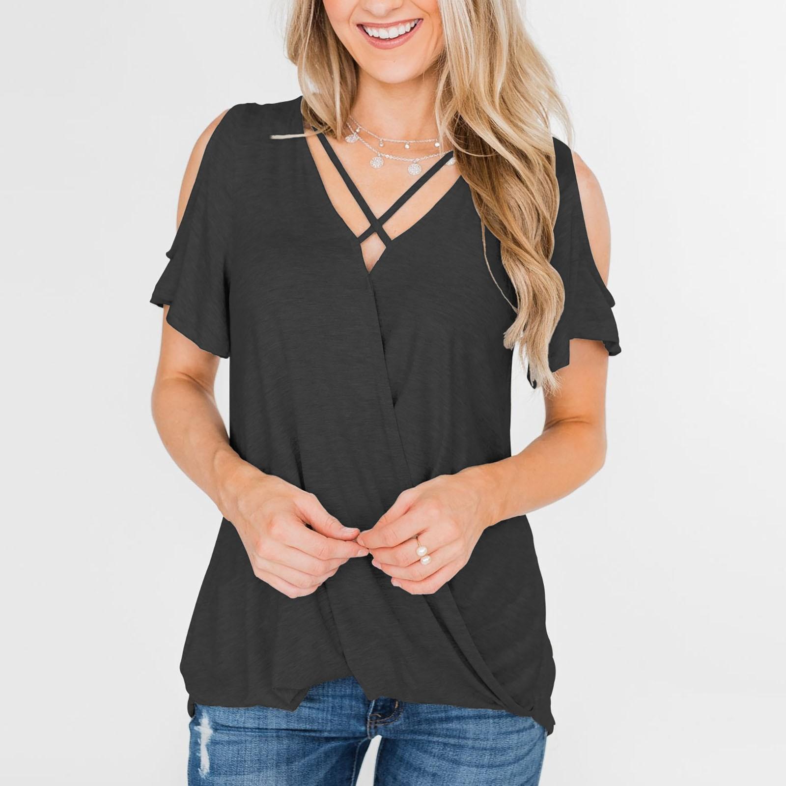 

Женская модная повседневная однотонная футболка без бретелек с v-образным вырезом и короткими рукавами, топ XL чёрный