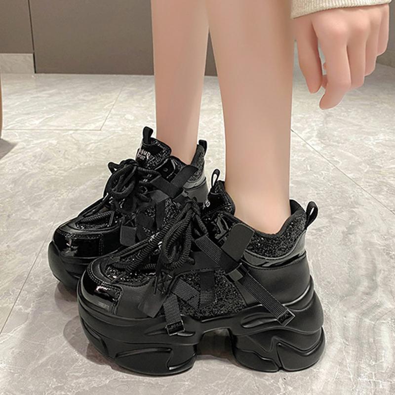 

Блестящие кроссовки на платформе в стиле папины кроссовки для женщин, осенне-зимние, с толстой подошвой, для увеличения роста, массивные кроссовки, милый и крутой стиль, на шнуровке, теннисные туфли 34 чёрный