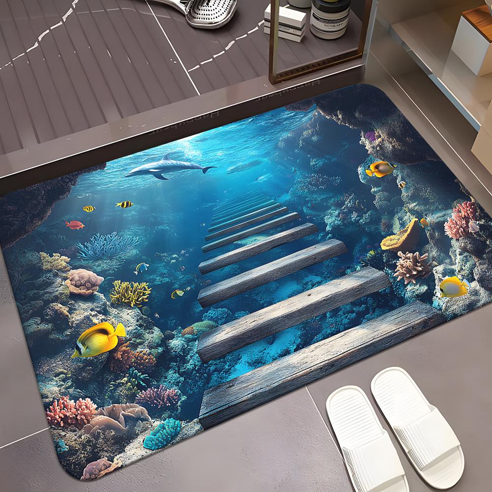 3D Underwater Coral Dolphin Doormat, Microfiber Polyester Non-Slip Absorbent Machine Washable Rug for Multi-Room Decor