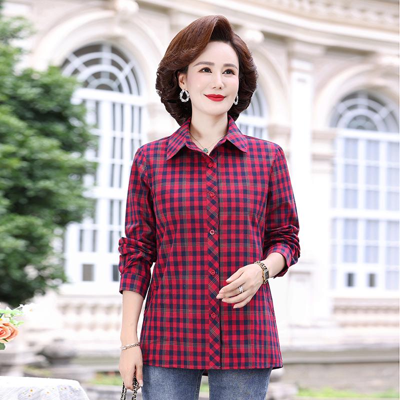 

Mom s Plaid Cotton Shirt - Autumn Loose Fit Top for Women Aged 50-60 2XL (105-120 jin)