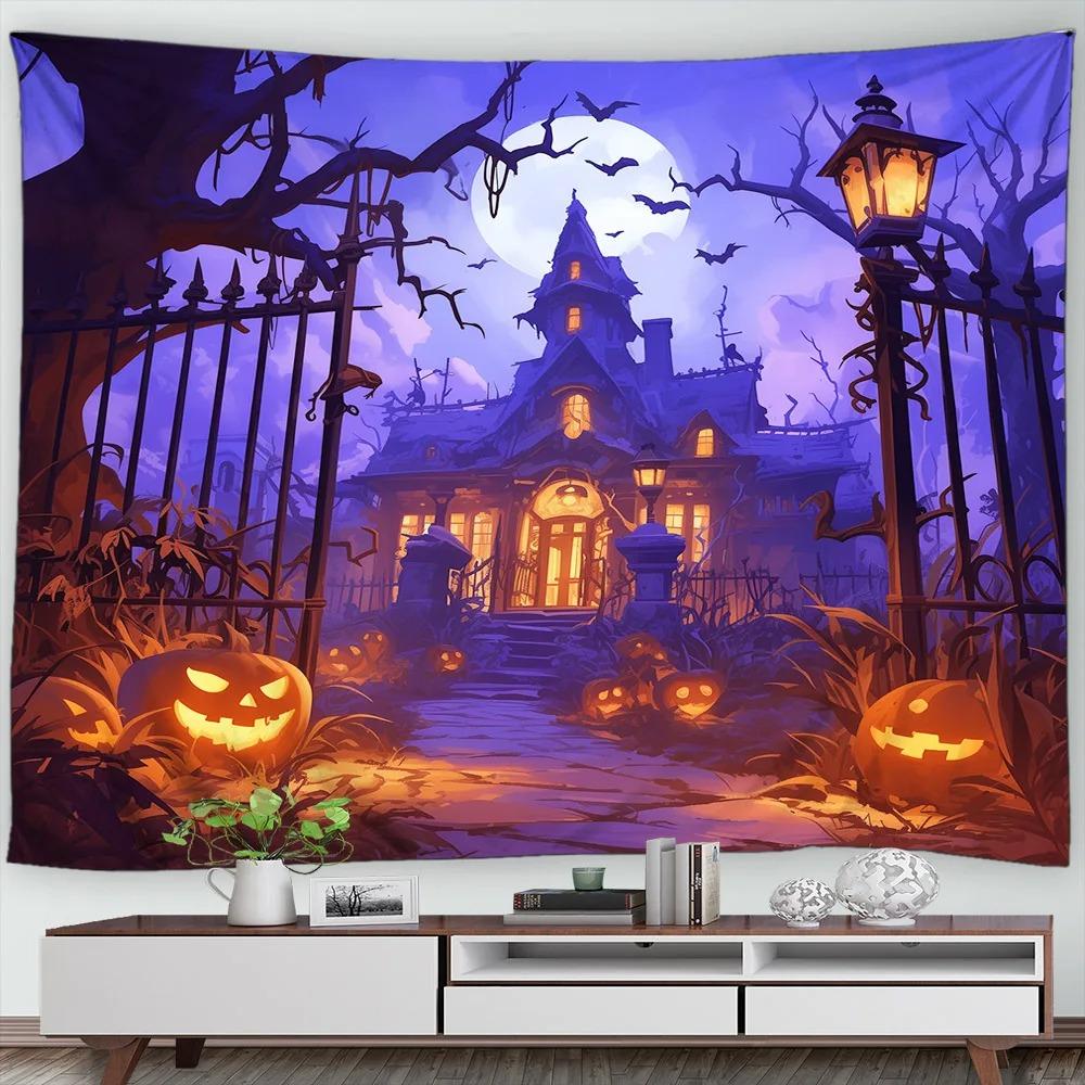 Halloween Decorative Tapestry Pumpkin Lantern Wall Hanging Full Moon Gothic Castle Ghost Bat Tapestry Home Room Decoration