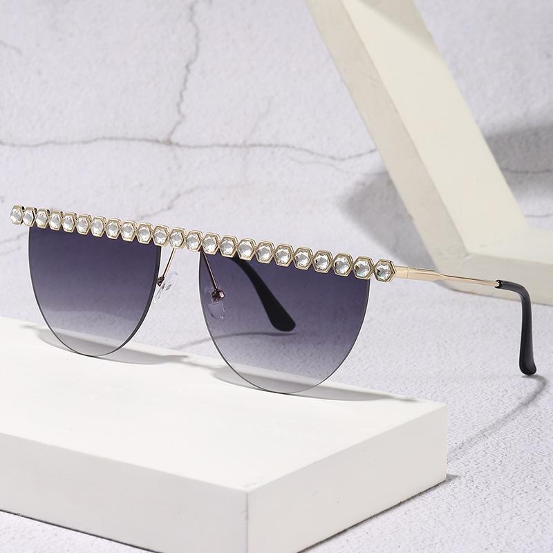 New European and American frameless semi-round sunglasses with diamonds trendy metal sunglasses women's personalized fashion sunglasses