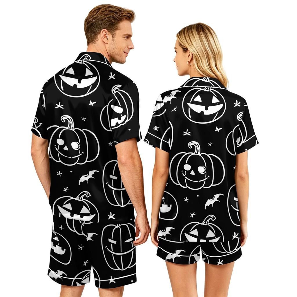 Couple Halloween Pajama Set Short Sleeve Button Down Shirt with Shorts Casual Soft Sleepwear S-XXXXL Matching Loungewear Set