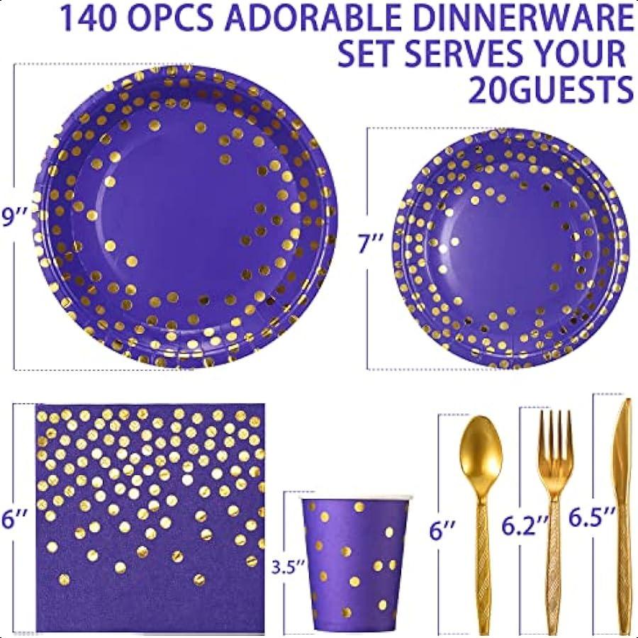 Purple and Gold Party Supplies 140 Pieces Golden Dot Disposable Party Dinnerware Purple Paper Plates Napkins Cups Gold Plastic