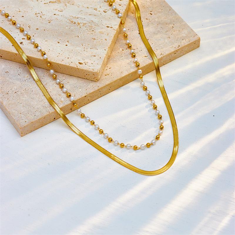 Gold Double Layer Snake Chain Pearl Bead Choker – Minimalist Elegant Jewelry, Timeless Charm Gift for Women