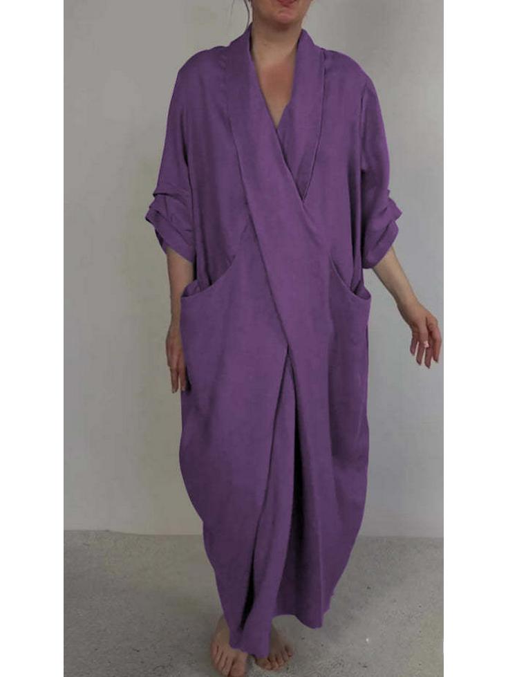 2026 Autumn Linen V-Neck Bathrobe Dress with Pockets - Solid Color, Casual, Loose, Slit Design