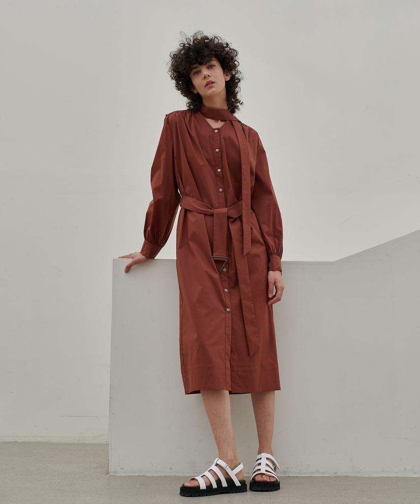 MITTE Shirring Belted Shirts Dress - Brick