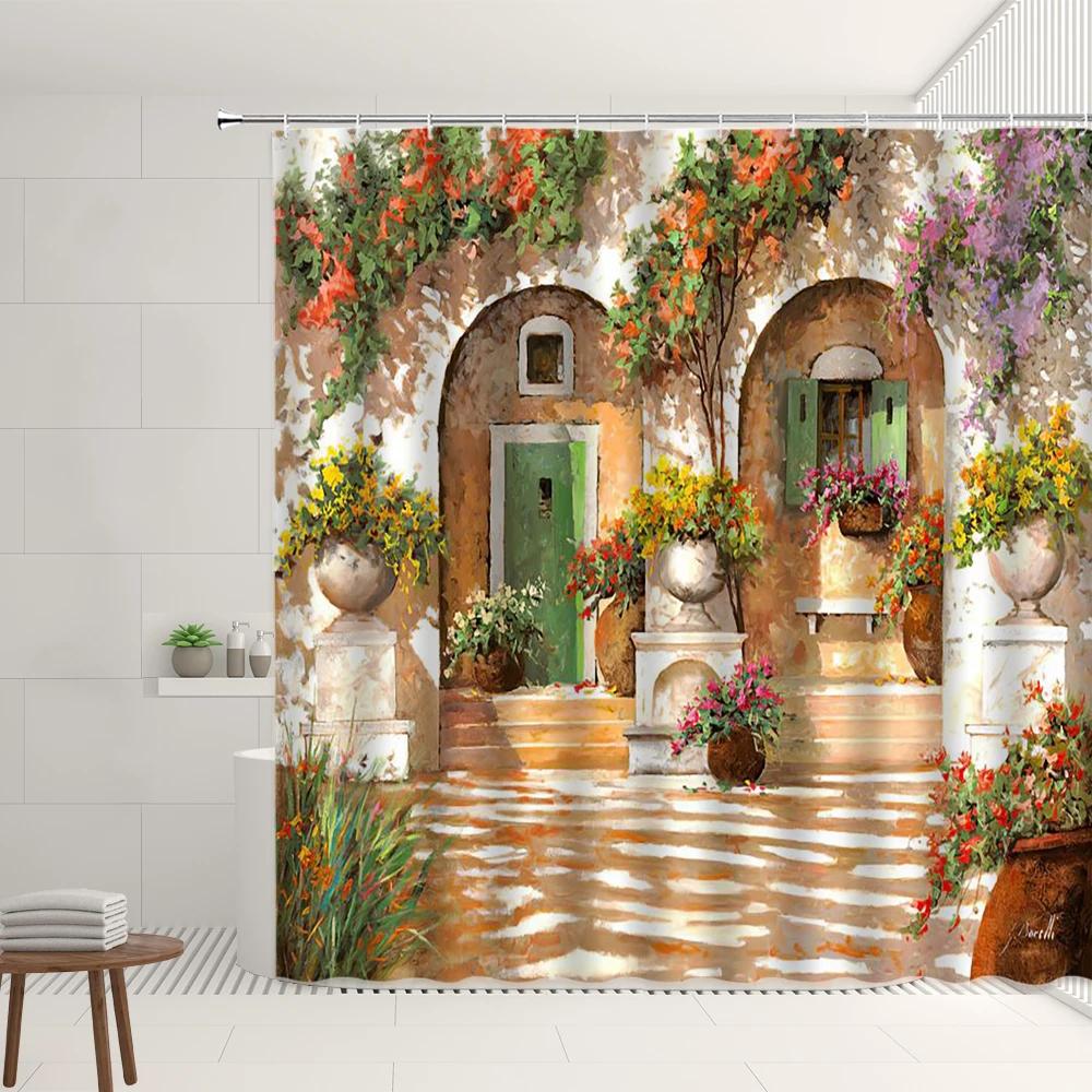 European Town Scenery Shower Curtain Set Street Flower Window Green Vine Retro Old Door And Window Pattern Bathroom Decor Screen