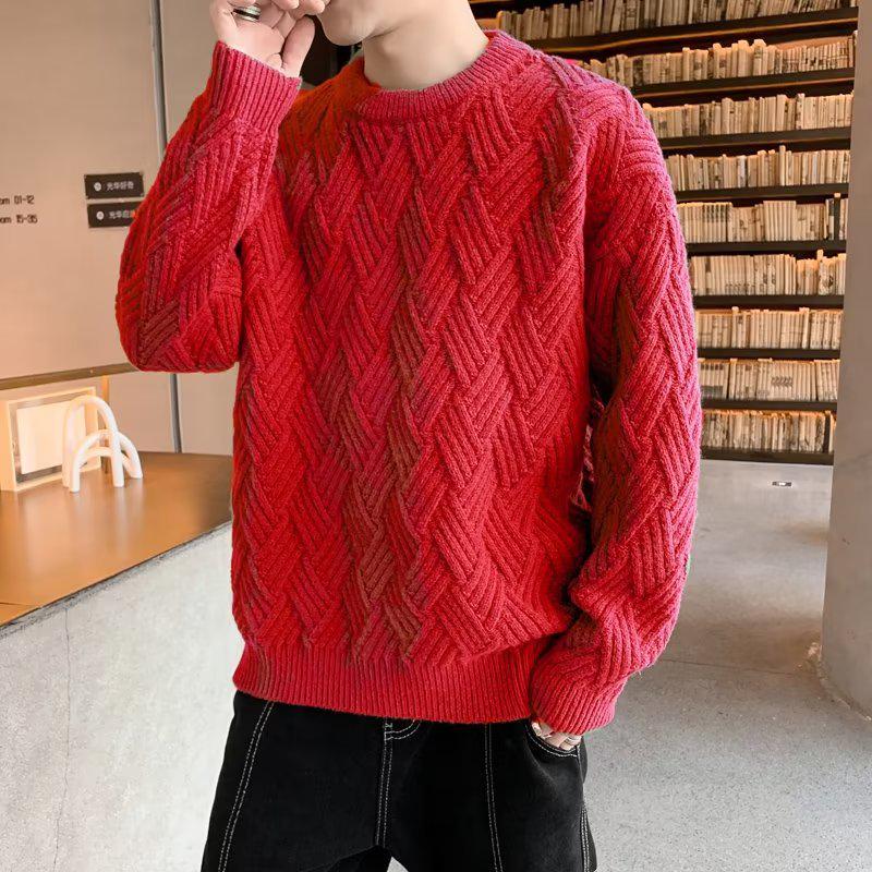 Men s Casual Round Neck Diamond Jacquard Sweater - Loose Fit, Fashionable Knit Pullover 2XL