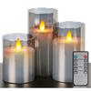 Real Wax LED Glass Pillar Flameless Candles | Faux Dancing Wick | Tinted Grey Glass | Battery Powered with Multifunctional Remote Controller