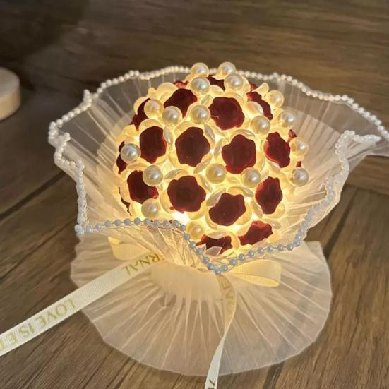 DIY Flocking Rose Night Light Kit Handmade Faux Pearl Flower Bouquet Decorative Lamp Home Office Bedroom Ornament Valentine's Day Gift