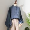 Women Shirt Stand Collar Lantern Long Sleeve Solid Color Shirt Loose Fit Single Breasted Office Lady Shirt