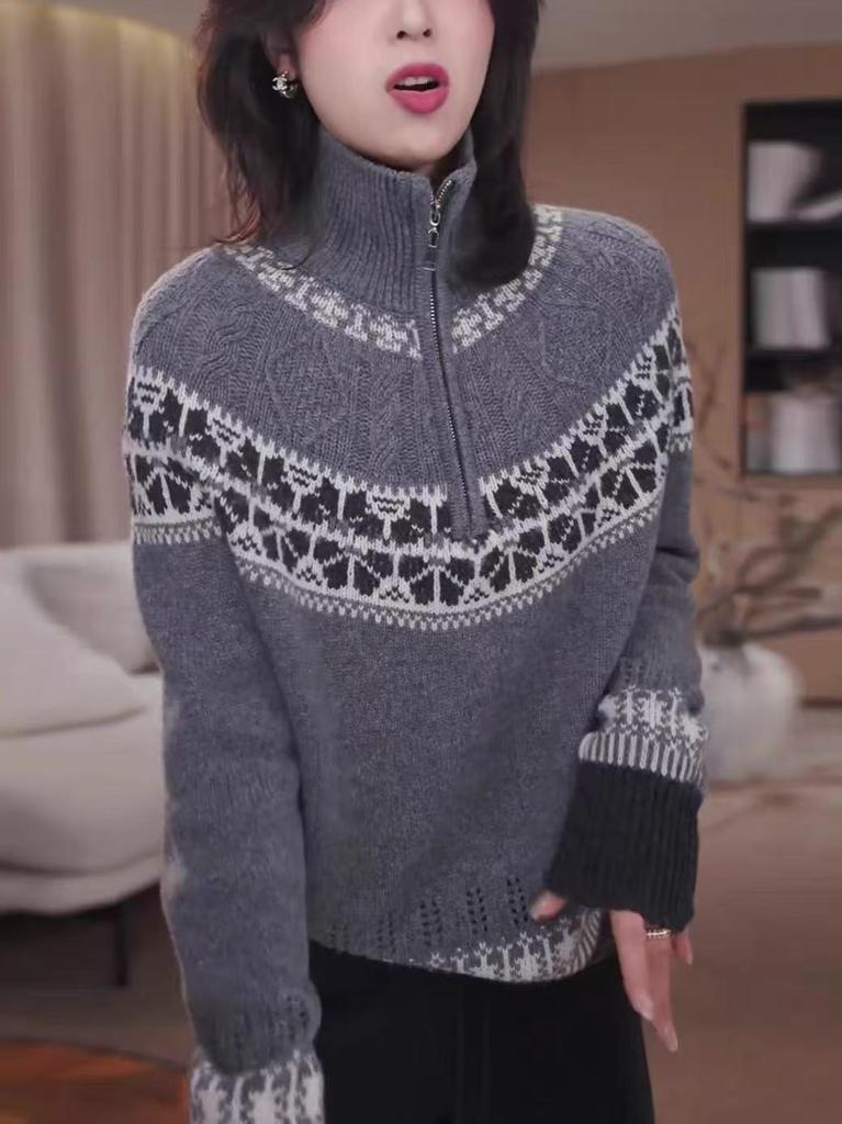 Nordic Retro Jacquard Wool Women's Half-Zip High-Neck Sweater