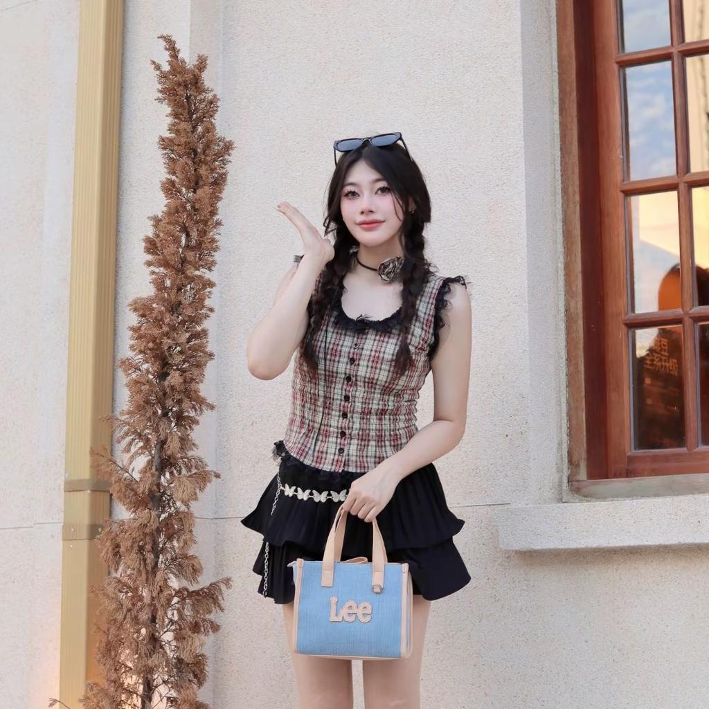 New Lee Fabric+Artificial Leather Tote Shoulder Bag, Crossbody Bag, Handbag Regular Women's Light Denim Blue LE240074M-521