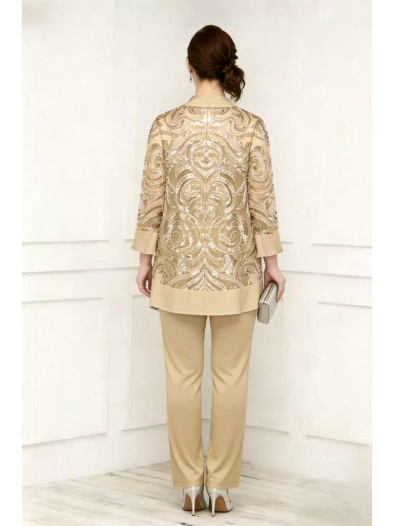 Abito da sera taglie forti da donna europeo e americano - Elegante completo pantalone con ricamo in pizzo pesante