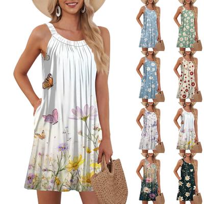 Ladies Fashion Beach Vest Casual Summer Pocket Straps Retro, Floral Dress