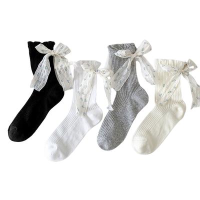 Blumen-Schleifen-Kniestrümpfe für Damen Frühling und Sommer, Dünne Netz-Kordelzug-Damen-Spitzen-Frottee-Socken